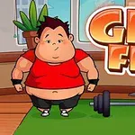 Kırmızı tişört giymiş bir karakter, yeşil bir mat ve siyah halterle spor salonunda duruyor; yanında GET FIT yazısı bulunuyor