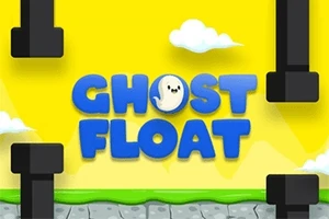 Sarı bir arka plan üzerinde Ghost Float yazısı ve sevimli bir hayalet figürü ile siyah boruların yer aldığı çizim