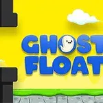 Sarı bir arka plan üzerinde Ghost Float yazısı ve sevimli bir hayalet figürü ile siyah boruların yer aldığı çizim