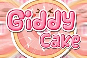 Pembe renkte Giddy Cake yazısı, arka planda dilimlenmiş bir pasta görseliyle birlikte