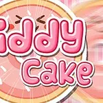 Pembe renkte Giddy Cake yazısı, arka planda dilimlenmiş bir pasta görseliyle birlikte