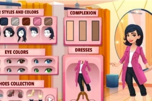 Bir karakterin kıyafet, saç, ten rengi, göz rengi ve ayakkabı seçenekleriyle özelleştirilebildiği bir moda düzenleme ekranı