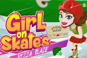 Kırmızı kasklı bir kız paten yaparken pizza kutusunu taşıyor ve yanında Girl on Skates: Pizza Blaze yazısı bulunuyor