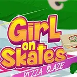 Kırmızı kasklı bir kız paten yaparken pizza kutusunu taşıyor ve yanında Girl on Skates: Pizza Blaze yazısı bulunuyor