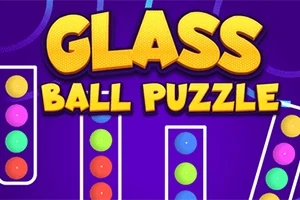 Mor arka plan üzerinde renkli toplarla dolu dikey tüpler ve büyük sarı yazıyla Glass Ball Puzzle metni