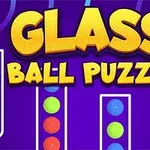 Mor arka plan üzerinde renkli toplarla dolu dikey tüpler ve büyük sarı yazıyla Glass Ball Puzzle metni