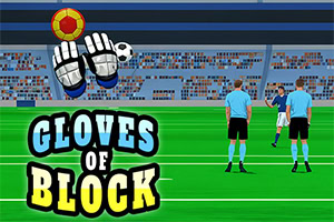 Yeşil futbol sahasında oyuncular, eldiven ve top simgeleri ve Gloves of Block metni bulunan bir stadyum sahnesi