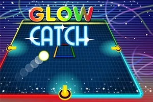 Parlak renklerle çerçevelenmiş bir platform üzerinde Glow Catch yazısı ve hareket eden ışıklı bir top