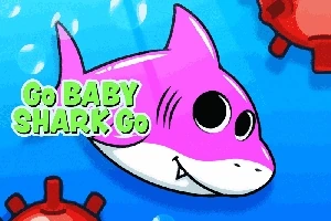 Pembe bir köpek balığı, mavi bir arka plan üzerinde yüzerken yanında kırmızı mayınlar ve Go BABY SHARK Go yazısı bulunuyor