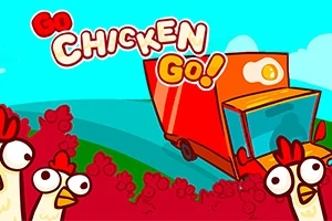Kırmızı bir kamyonet ve çevresinde sevimli tavuklar ile Go Chicken Go!