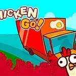 Kırmızı bir kamyonet ve çevresinde sevimli tavuklar ile Go Chicken Go!