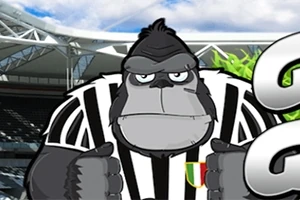 Stadyum önünde çizgili forma giyen karikatür goril