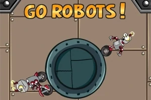 Kahverengi metalik bir zemin üzerinde tekerlekli iki robot ve GO ROBOTS!