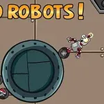 Kahverengi metalik bir zemin üzerinde tekerlekli iki robot ve GO ROBOTS!