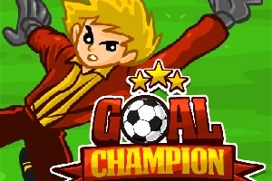 Sarı saçlı ve turuncu kıyafet giymiş bir futbol kalecisi, yeşil bir zeminde gol kurtarırken duruyor ve önünde Goal Champion yazısı bulunuyor