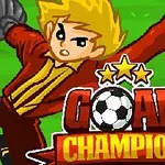 Sarı saçlı ve turuncu kıyafet giymiş bir futbol kalecisi, yeşil bir zeminde gol kurtarırken duruyor ve önünde Goal Champion yazısı bulunuyor