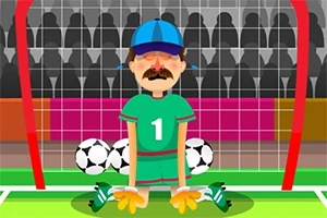Yeşil forması ve mavi şapkası olan bir kaleci, dizlerinin üstünde kalesi önünde duruyor, arkasında birkaç futbol topu var