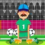 Yeşil forması ve mavi şapkası olan bir kaleci, dizlerinin üstünde kalesi önünde duruyor, arkasında birkaç futbol topu var