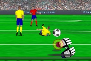 Yeşil bir futbol sahasında, sarı-mavili forma giymiş biri yerdedir, yanında bir futbol topu ve grafiksel eldivenler vardır