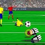 Yeşil bir futbol sahasında, sarı-mavili forma giymiş biri yerdedir, yanında bir futbol topu ve grafiksel eldivenler vardır