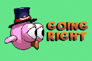 Üzerinde şapka olan pembe bir kuş ve yanında GOING RIGHT yazısı yeşil bir arka plana karşı