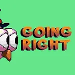 Üzerinde şapka olan pembe bir kuş ve yanında GOING RIGHT yazısı yeşil bir arka plana karşı