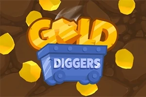 Mavi bir vagonun üzerinde Gold Diggers yazısı ve etrafında altın parçaları ile kahverengi bir zemin