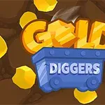 Mavi bir vagonun üzerinde Gold Diggers yazısı ve etrafında altın parçaları ile kahverengi bir zemin