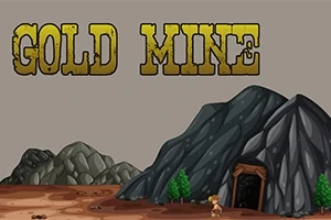 Büyük GOLD MINE yazısı, mağara girişi ve bir figür ile çevrili kayalık bir arazi
