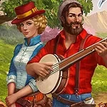 Bir kadın ve bir erkek, ağaç altında duruyor; erkek banjo çalıyor, kadın şapka takıyor
