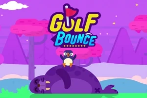 Renkli bir arka plan önünde, üzerinde penguen olan mor fok ve üst kısımda Golf Bounce yazısı