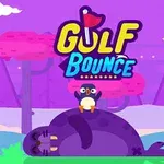 Renkli bir arka plan önünde, üzerinde penguen olan mor fok ve üst kısımda Golf Bounce yazısı