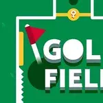 Yeşil zemin üzerinde GOLF FIELD yazısı ve kırmızı bayraklı bir golf sahası tasarımı