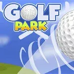 Mavi gökyüzü ve yeşil çimler önünde büyük bir golf topu ve Golf Park yazısı