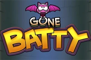 Mor kanatlı bir yarasanın üstünde bulunduğu ve Gone Batty yazısının yer aldığı grafik tasarım