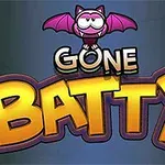 Mor kanatlı bir yarasanın üstünde bulunduğu ve Gone Batty yazısının yer aldığı grafik tasarım