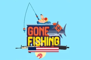 Mavi arka planda olta tutan bir figür, köpekbalığı, birkaç silah ve Gone Fishing yazısı