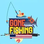 Mavi arka planda olta tutan bir figür, köpekbalığı, birkaç silah ve Gone Fishing yazısı