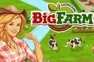 Çizgisel bir kadın karakter, yeşil bir çiftlikte ineklerle birlikte, üzerinde Big Farm yazılı bir logo ile görülüyor