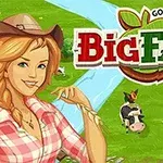Çizgisel bir kadın karakter, yeşil bir çiftlikte ineklerle birlikte, üzerinde Big Farm yazılı bir logo ile görülüyor