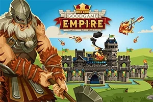 Goodgame Empire Zırh giymiş dev bir savaşçı, arka planda kale ve havada ateş topları ile tasvir edilmiştir