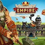 Goodgame Empire Zırh giymiş dev bir savaşçı, arka planda kale ve havada ateş topları ile tasvir edilmiştir