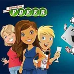 Üç çizgi film karakteri, iskambil kartları ve poker fişlerinden oluşan bir kompozisyon