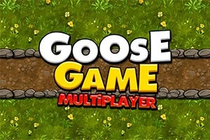 Yeşil çimen zemin üzerinde büyük beyaz ve sarı harflerle Goose Game Multiplayer yazısı