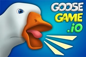 Beyaz bir kazın ağzı açık şekilde sol tarafa baktığı ve sağ üstte Goose Game 