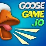 Beyaz bir kazın ağzı açık şekilde sol tarafa baktığı ve sağ üstte Goose Game 