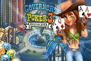 Governor of Poker 3 Kovboy şapkası takan bir kadın, elinde poker kartları tutuyor ve arka planda bir şehir manzarası ile renkli çipler bulunuyor