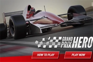 Kırmızı yarış arabası piste hızla ilerlerken Grand Prix Hero yazısı ve üzerinde How to Play ve Play Now butonları mevcut