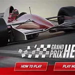 Kırmızı yarış arabası piste hızla ilerlerken Grand Prix Hero yazısı ve üzerinde How to Play ve Play Now butonları mevcut