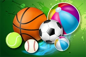 Yeşil arka planda futbol, basketbol, tenis, beyzbol ve plaj topları